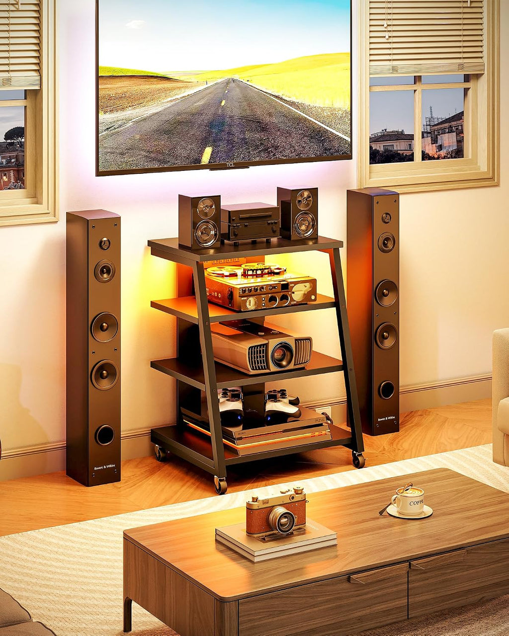 Black 4-Tier LED Rolling AV Stand
