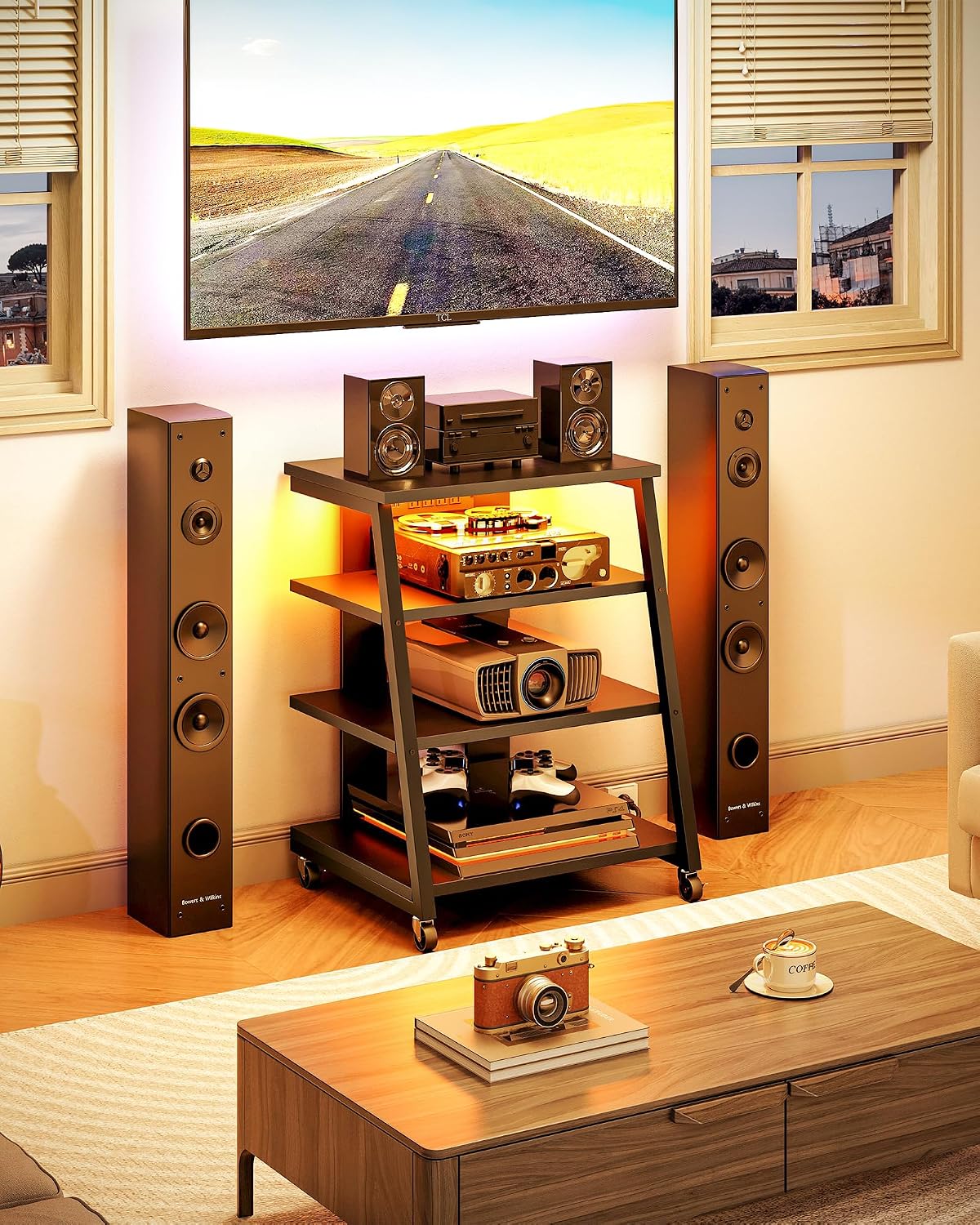 Black 4-Tier LED Rolling AV Stand