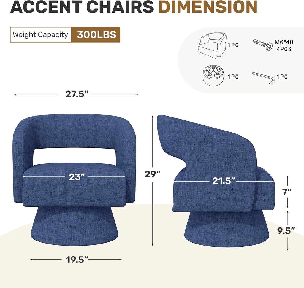 Blue Chenille Oversized Swivel Barrel Chair