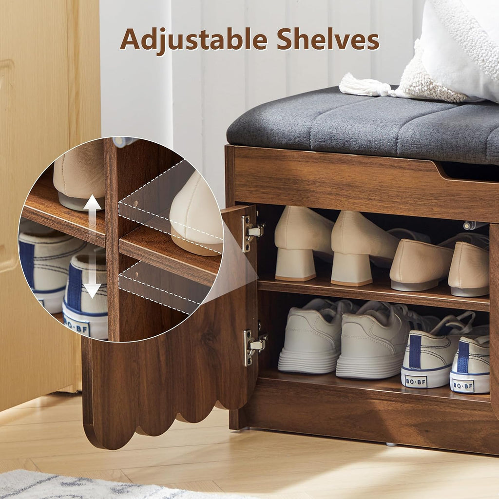 Walnut Scalloped Shoe Storage Bench