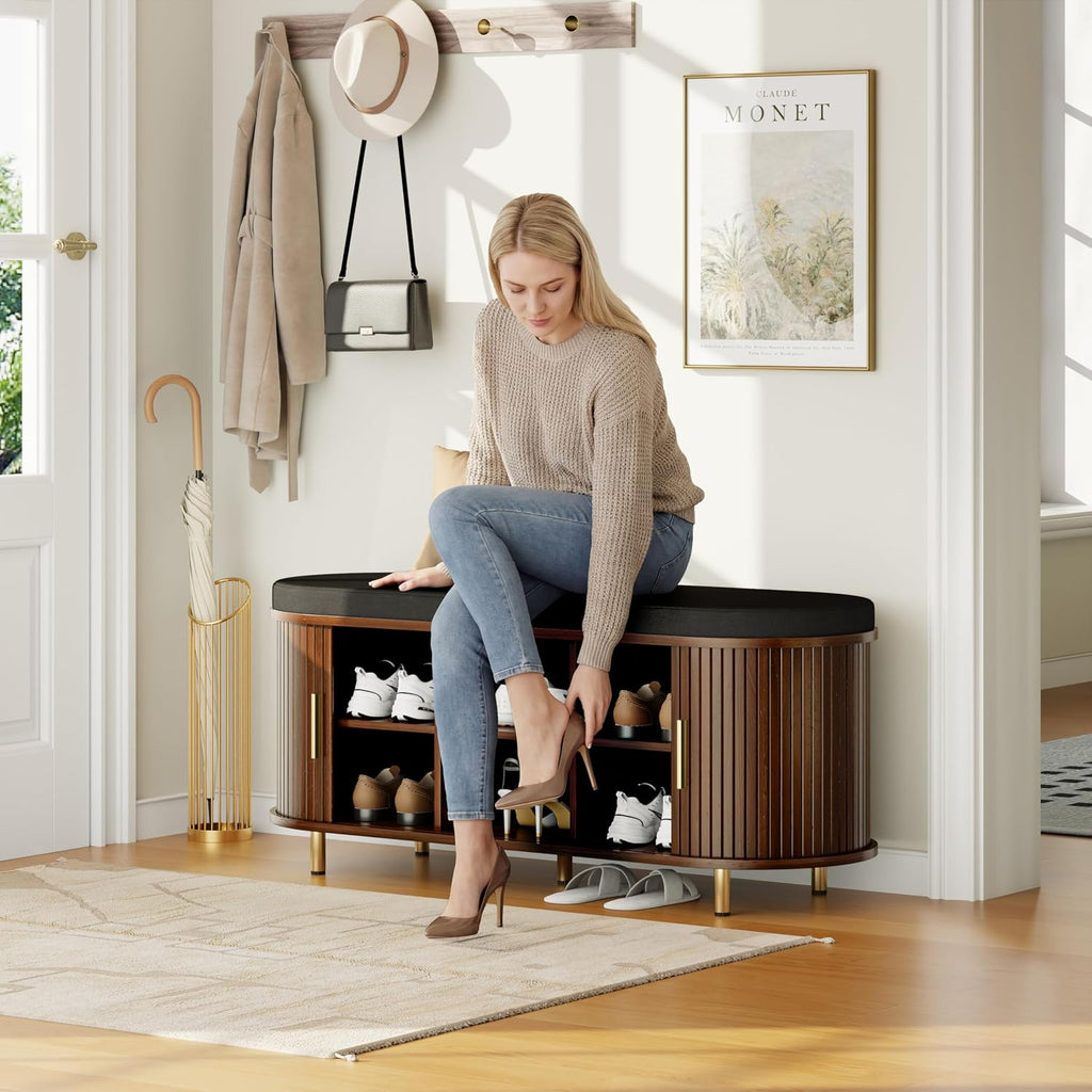 Walnut 43.3" Fluted Shoe Bench