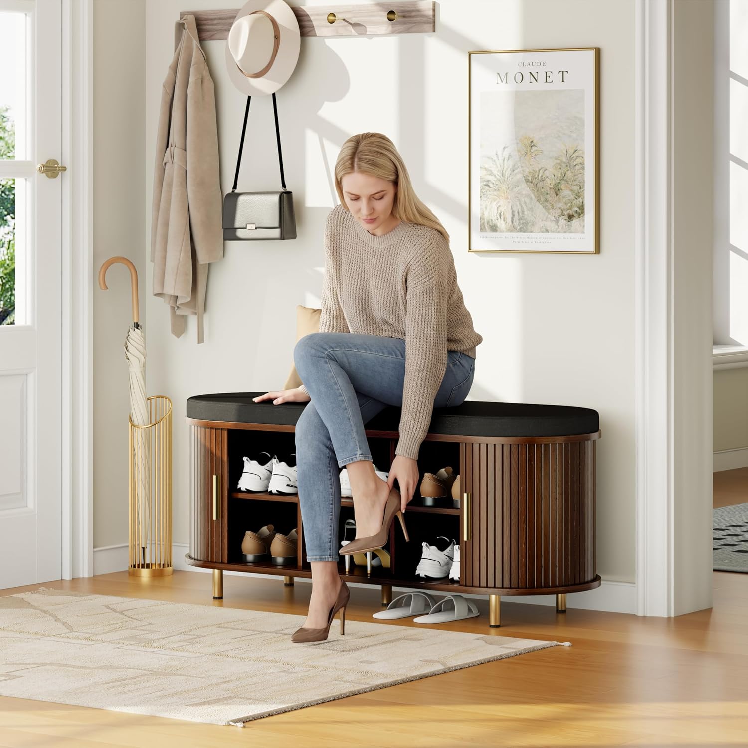 Walnut 43.3" Fluted Shoe Bench