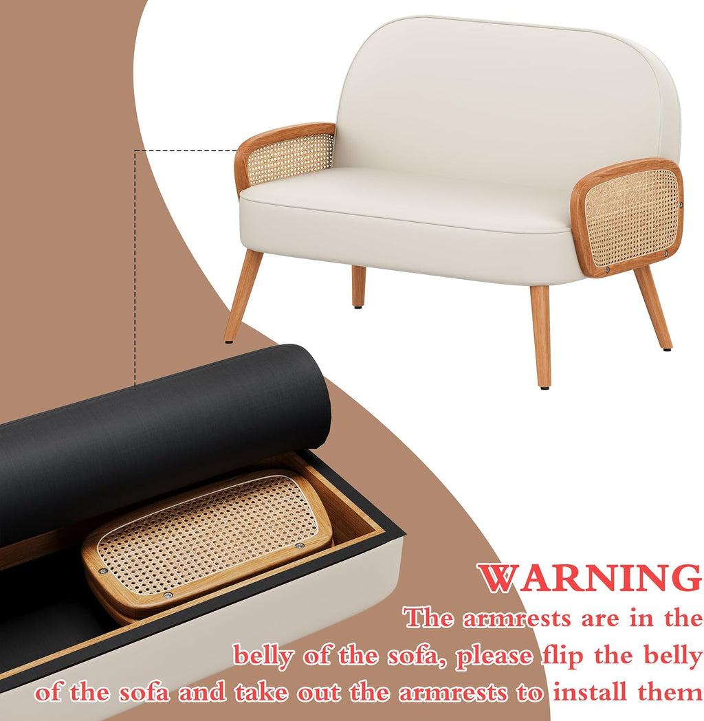 Beige Faux Leather Rattan Loveseat
