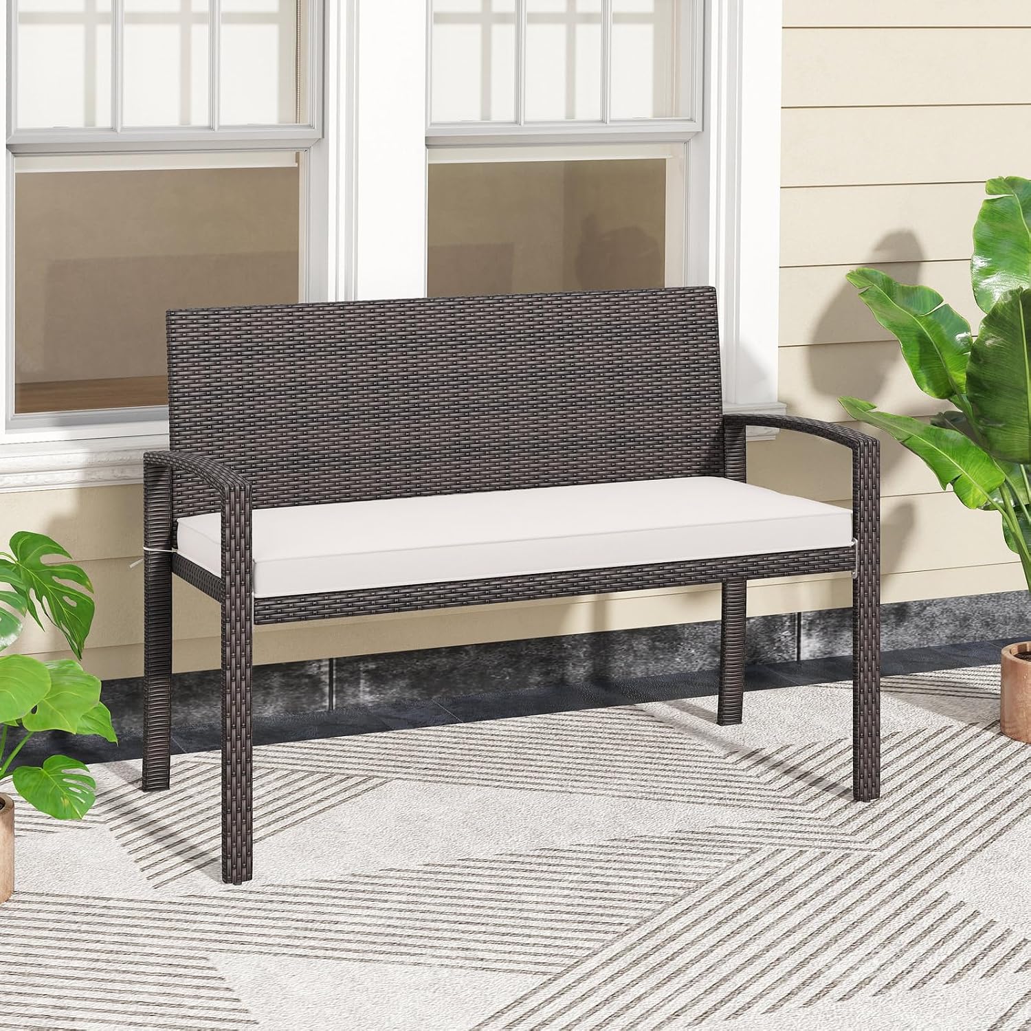 Brown Rattan Patio Loveseat Bench