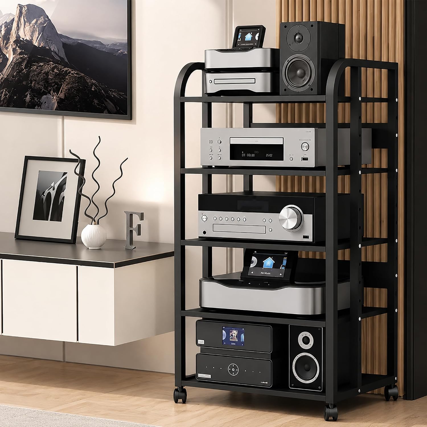 Black 5-Tier Rolling AV Rack Tower
