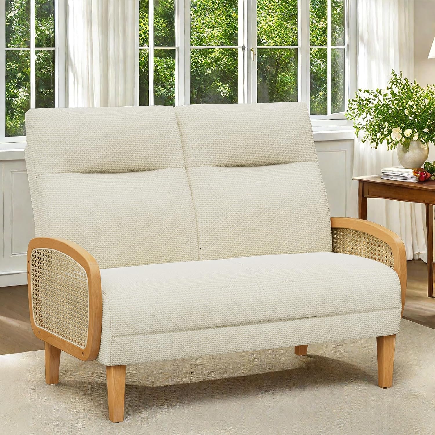 Beige Rattan Linen Loveseat