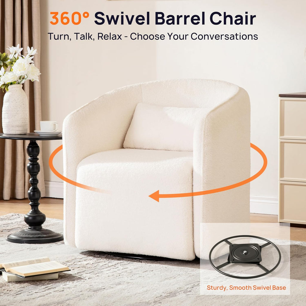 Cream White Sherpa Teddy Storage Swivel Barrel Chair