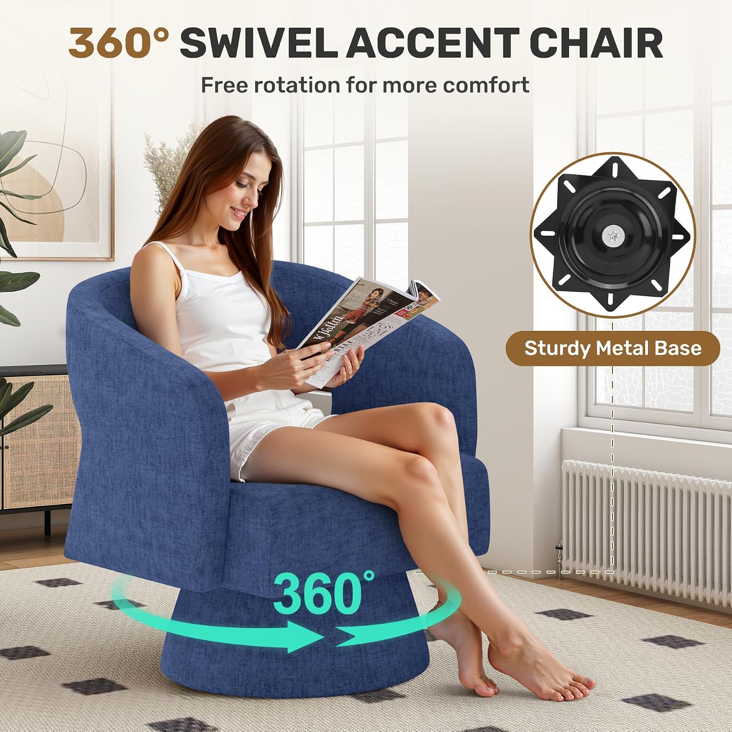 Blue Chenille Oversized Swivel Barrel Chair