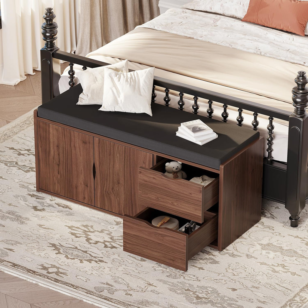 Walnut Oak 40" Entryway Shoe Storage Bench With Drawers