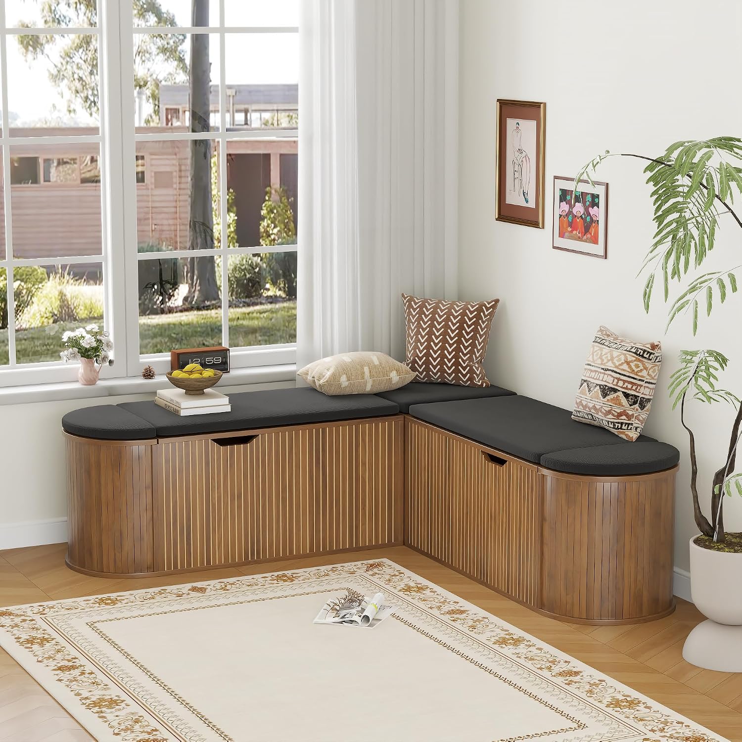 Walnut L-Shaped Corner Storage Dining Bench