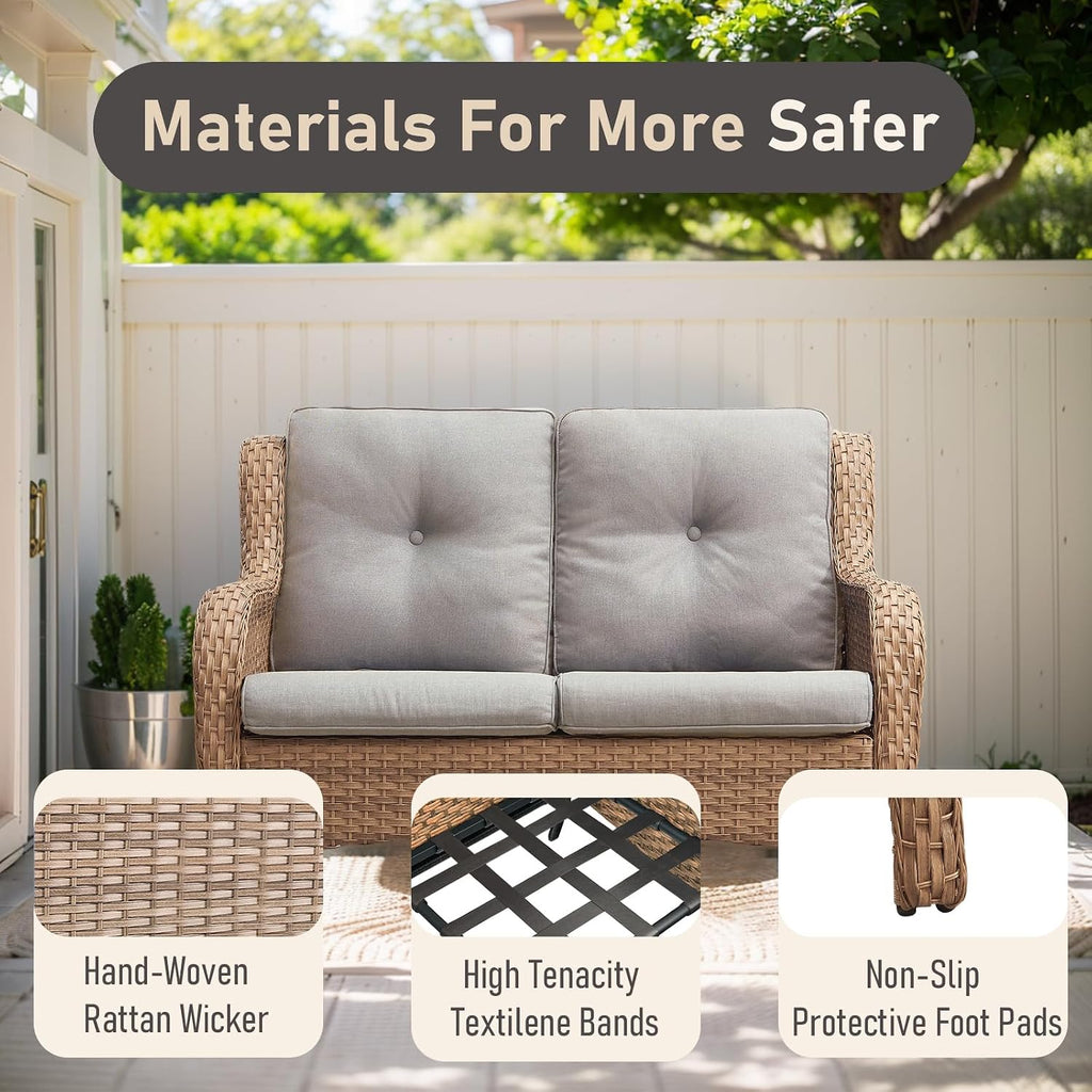 Beige Rattan Outdoor Loveseat
