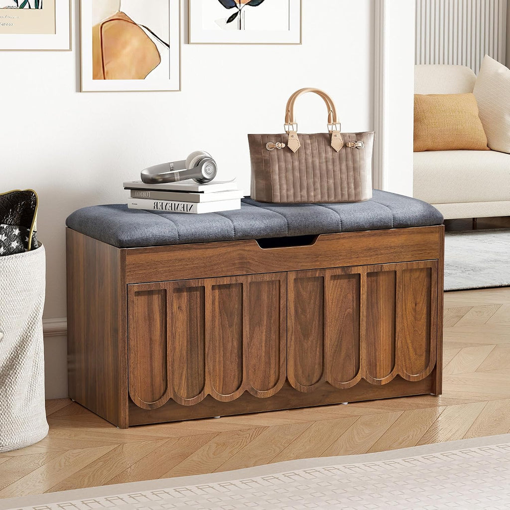 Walnut Scalloped Shoe Storage Bench