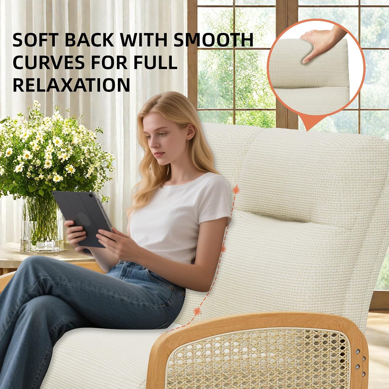 Beige Rattan Linen Loveseat