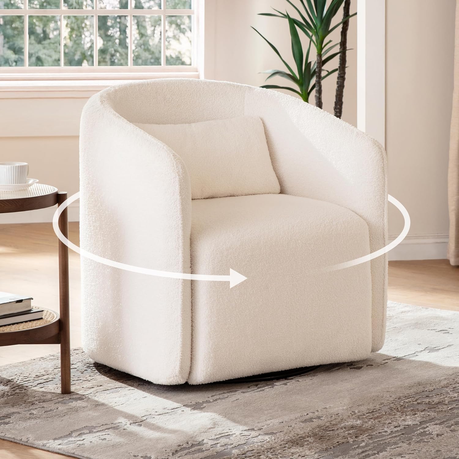 Cream White Sherpa Teddy Storage Swivel Barrel Chair