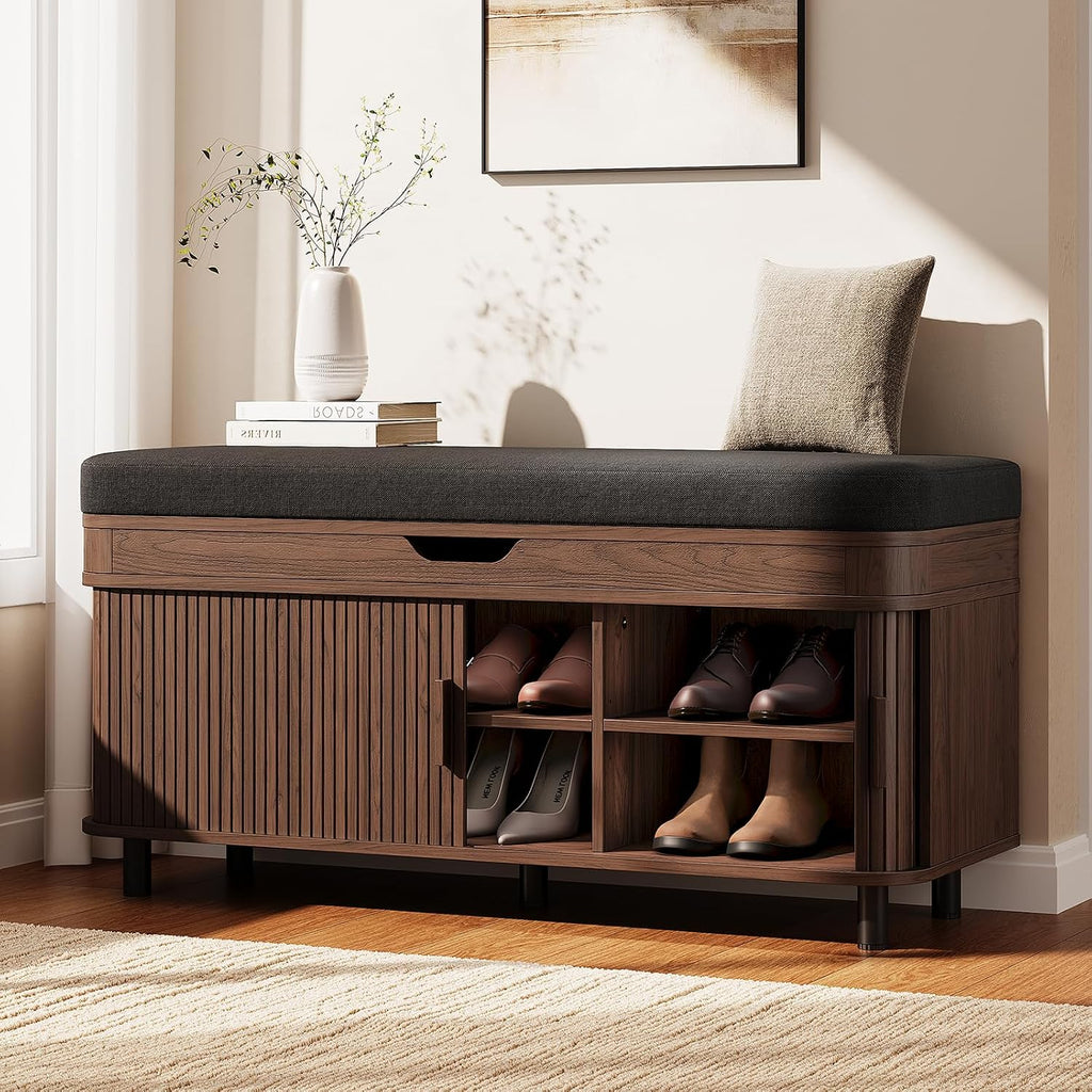 Walnut 43.3" Fluted Shoe Bench