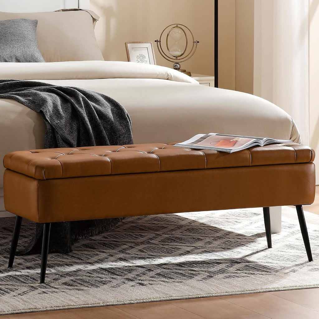 Brown Leather Storage Ottoman Bench