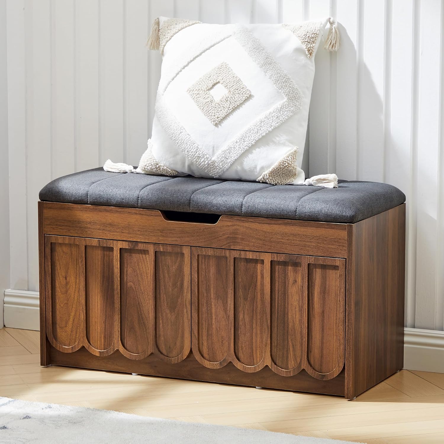 Walnut Scalloped Shoe Storage Bench