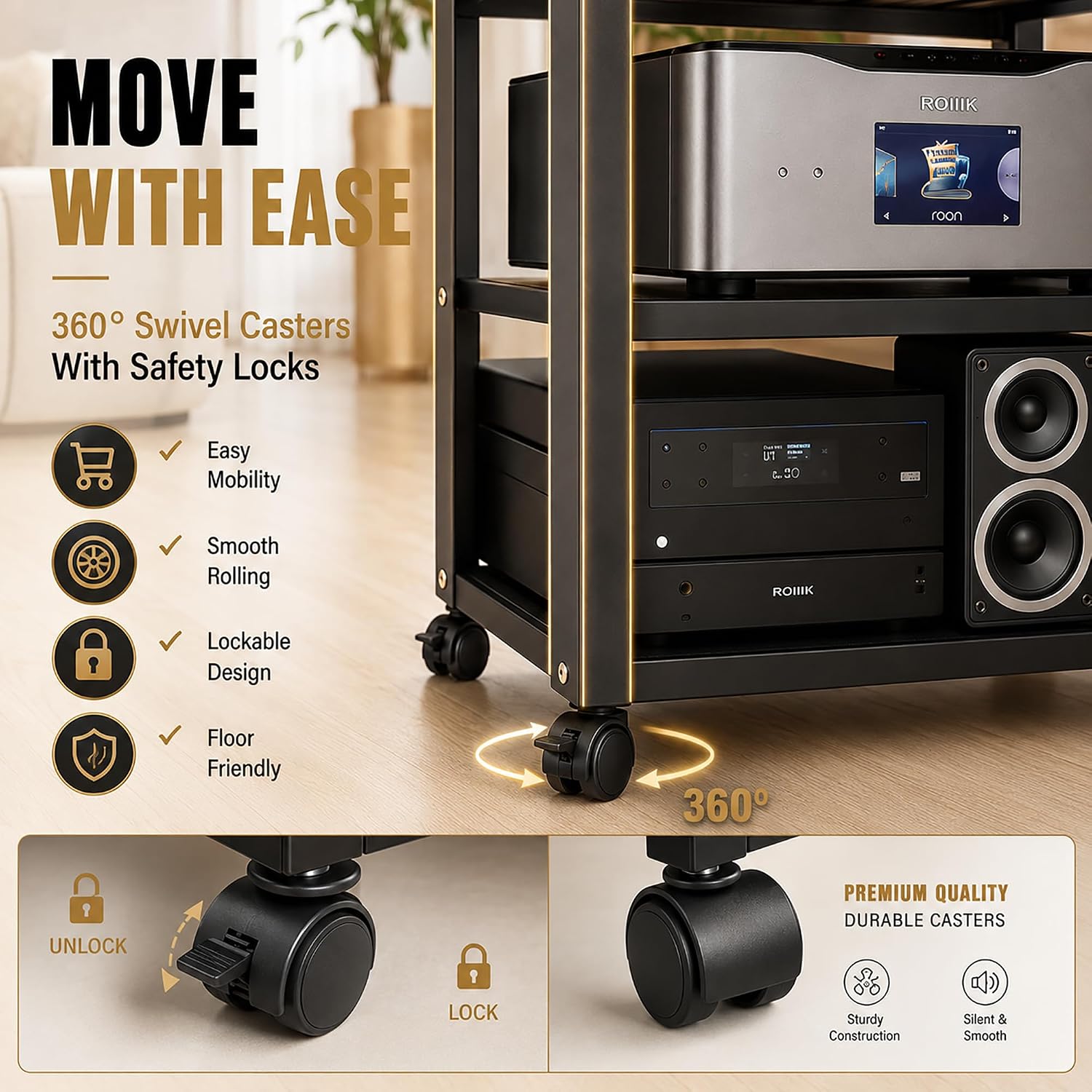 Black 5-Tier Rolling AV Rack Tower