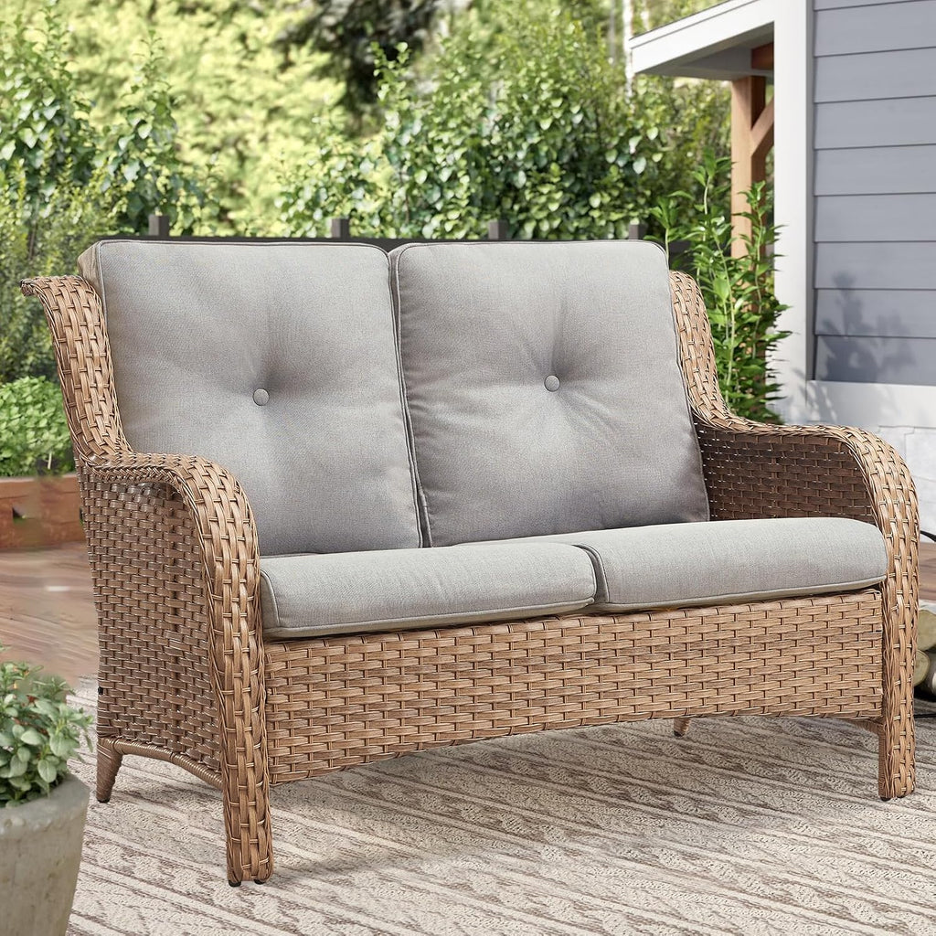 Beige Rattan Outdoor Loveseat