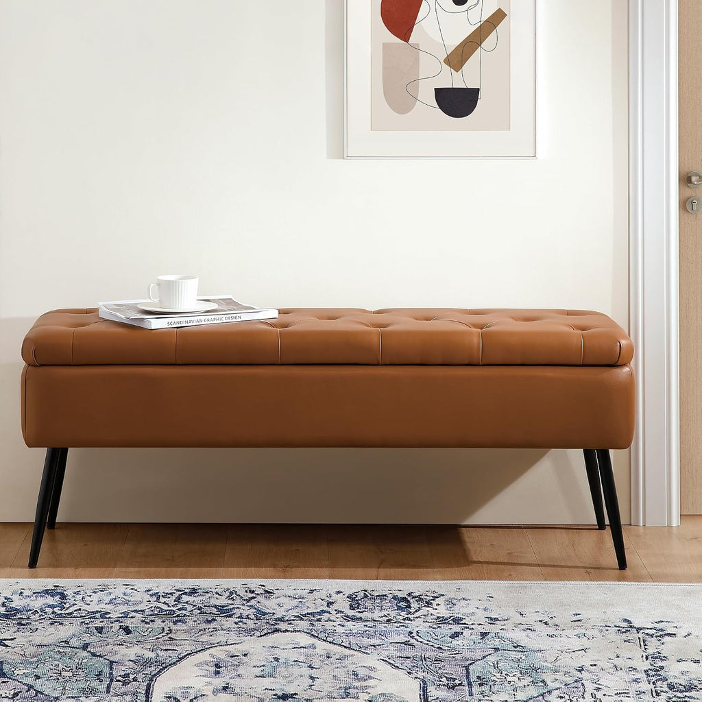 Brown Leather Storage Ottoman Bench