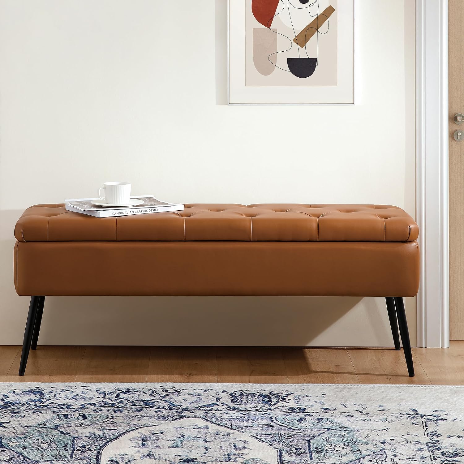 Brown Leather Storage Ottoman Bench
