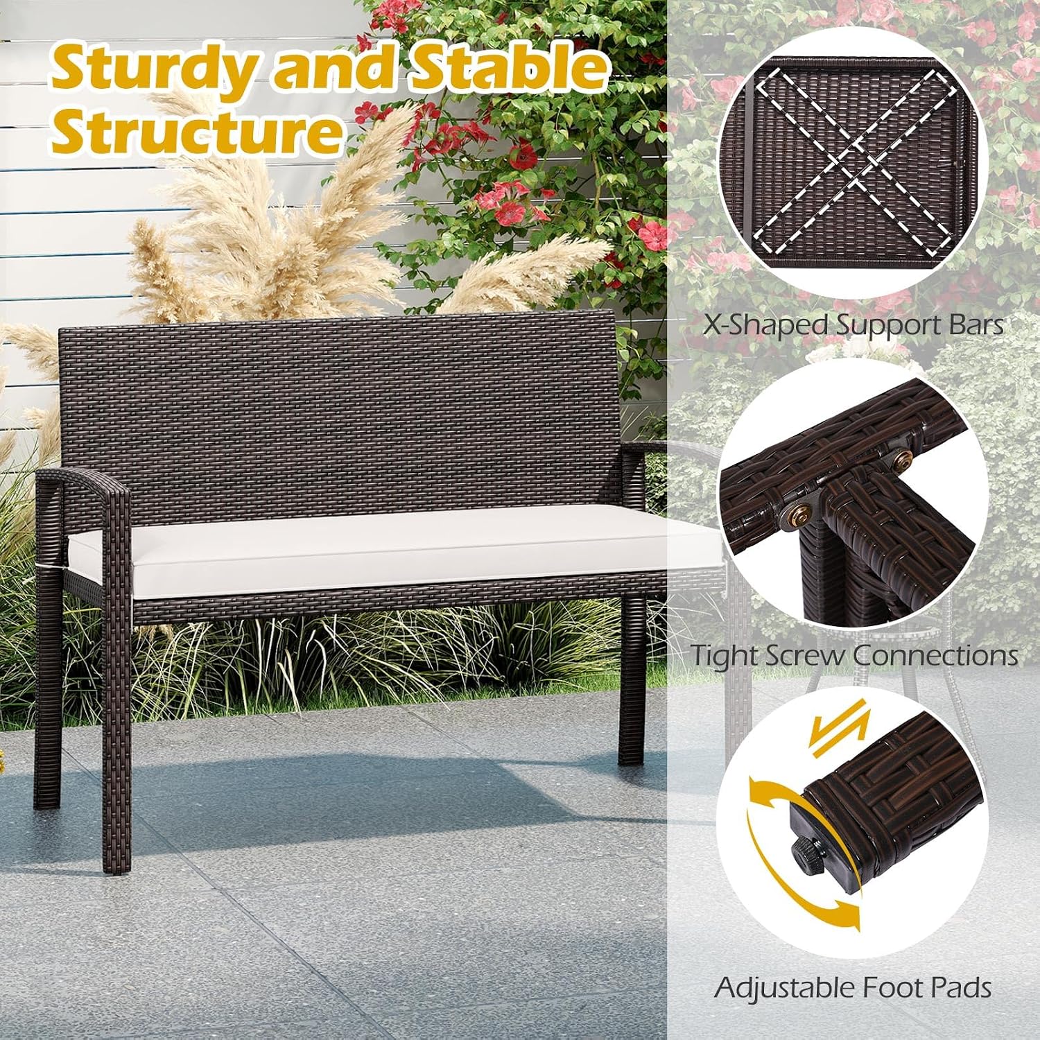 Brown Rattan Patio Loveseat Bench