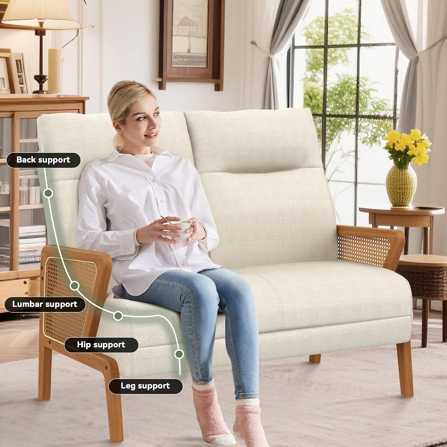 Ivory Rattan Arm Small Loveseat Sofa