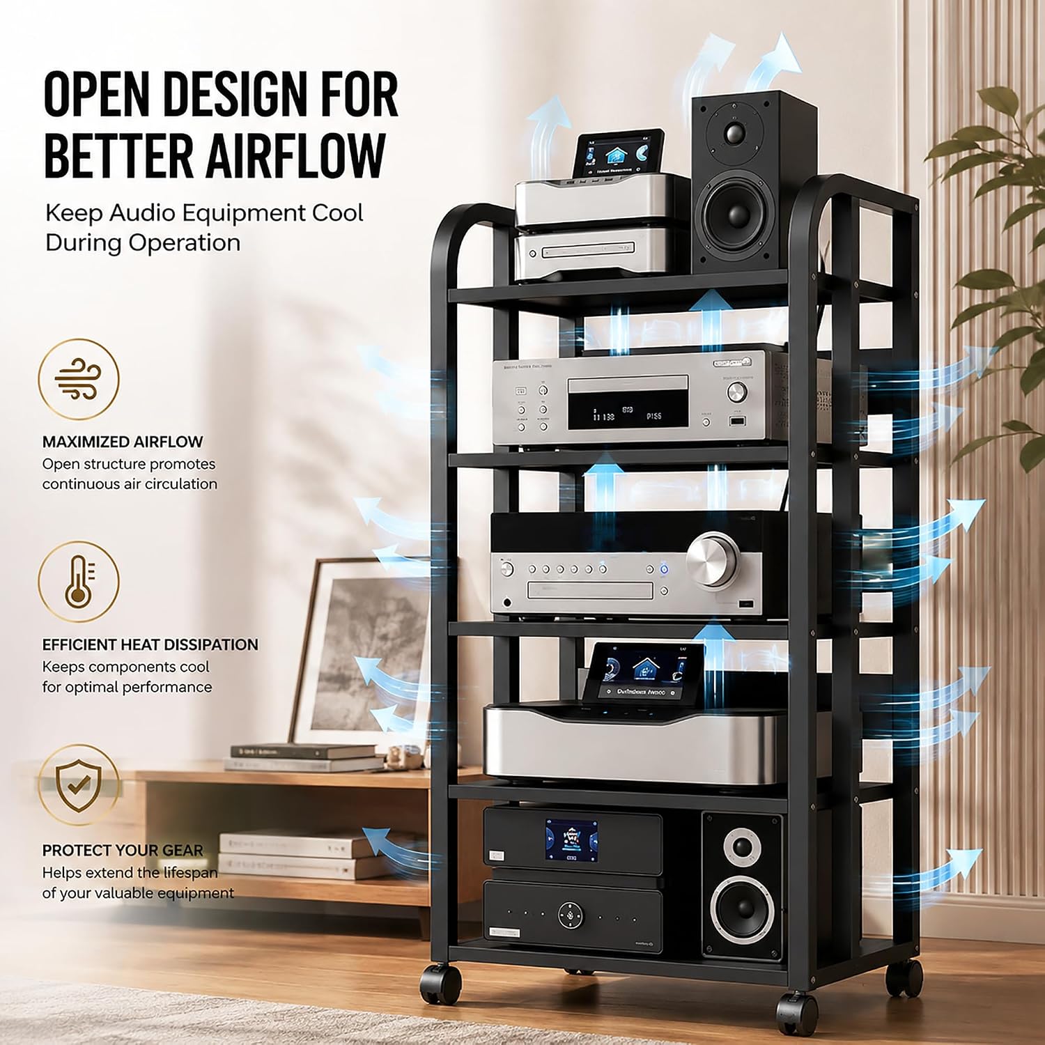 Black 5-Tier Rolling AV Rack Tower