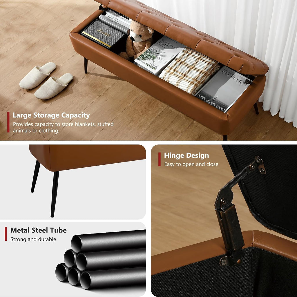 Brown Leather Storage Ottoman Bench