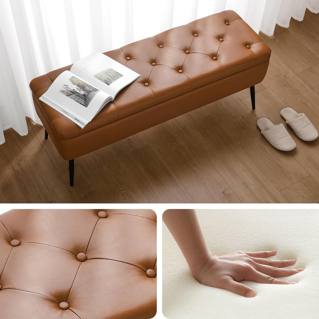 Brown Leather Storage Ottoman Bench