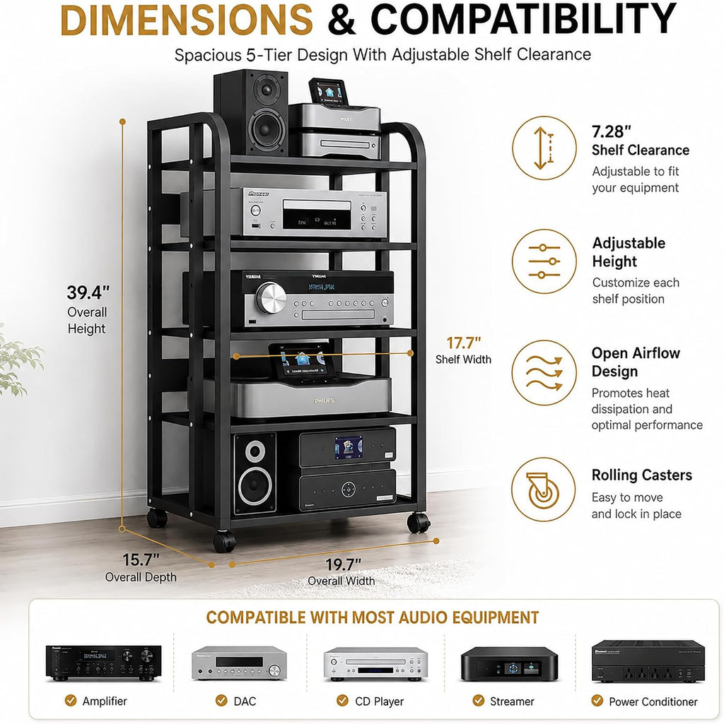 Black 5-Tier Rolling AV Stand