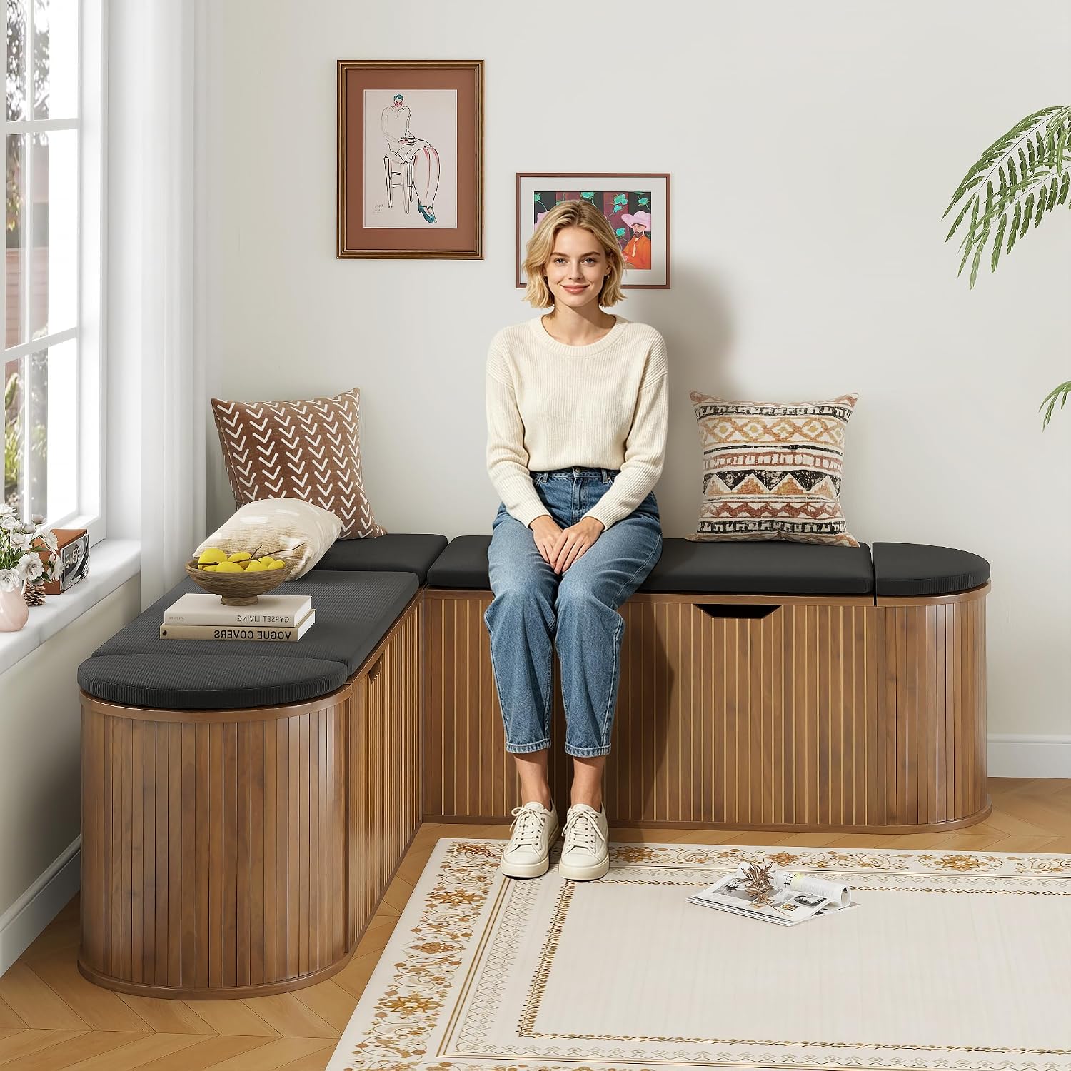 Walnut L-Shaped Corner Storage Dining Bench