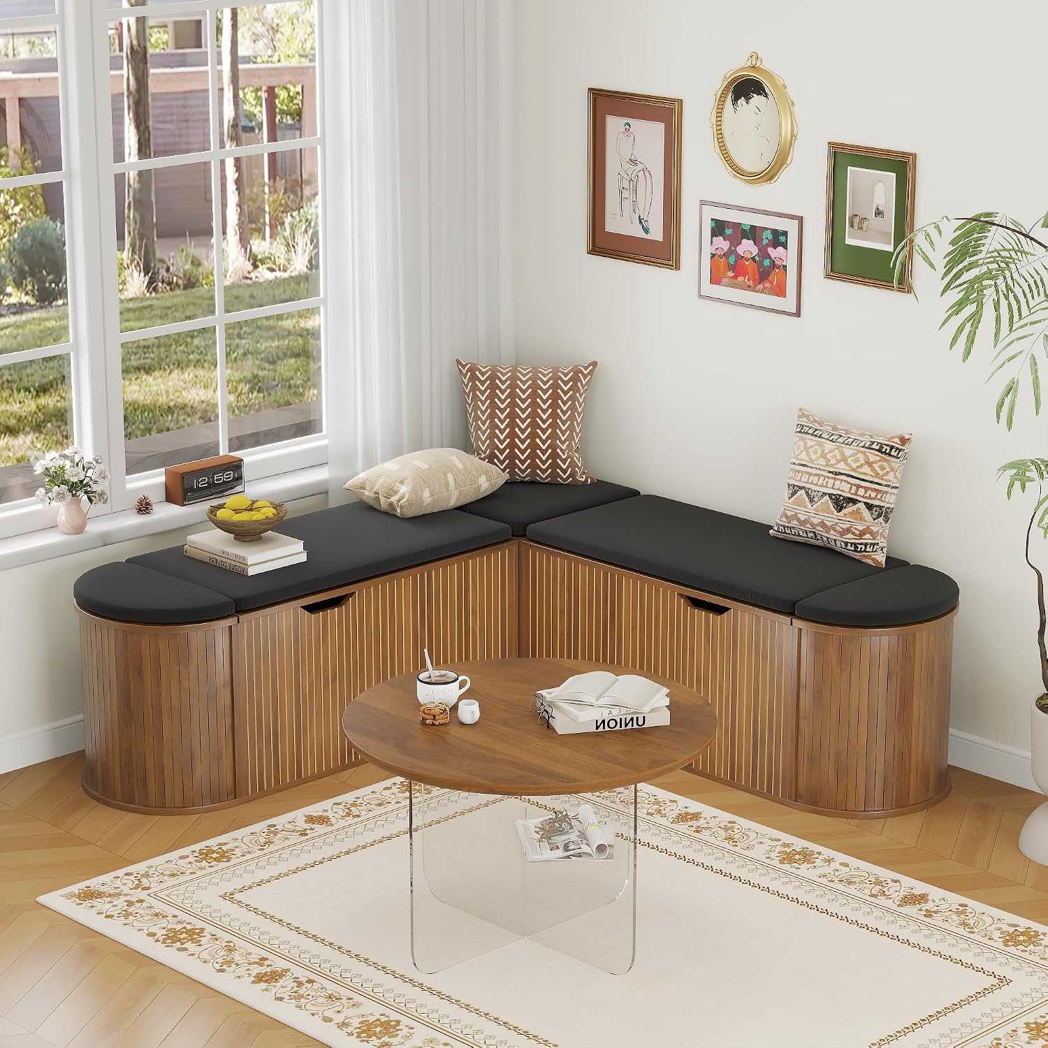 Walnut L-Shaped Corner Storage Dining Bench