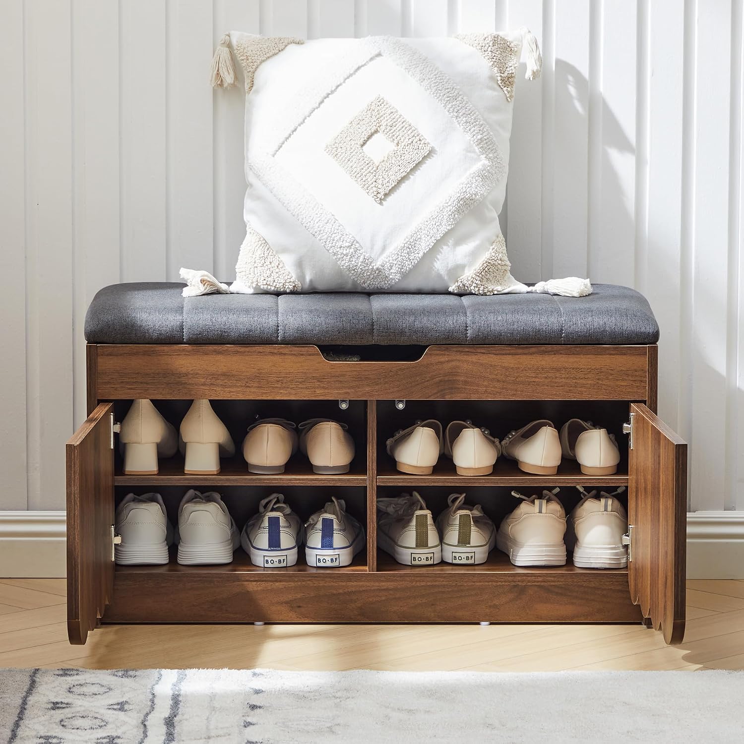 Walnut Scalloped Shoe Storage Bench