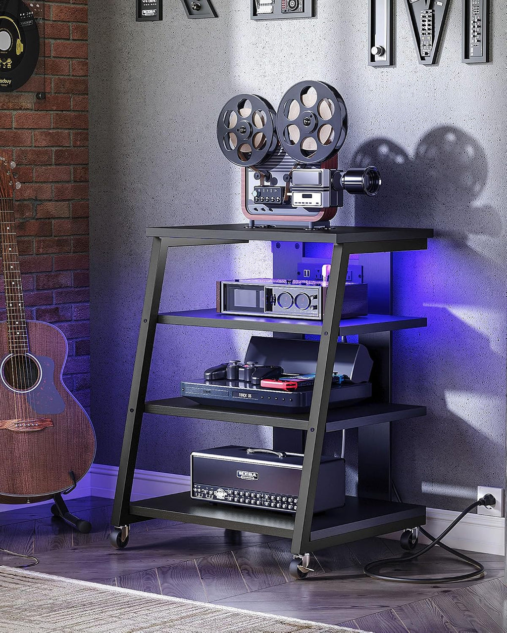 Black 4-Tier LED Rolling AV Stand