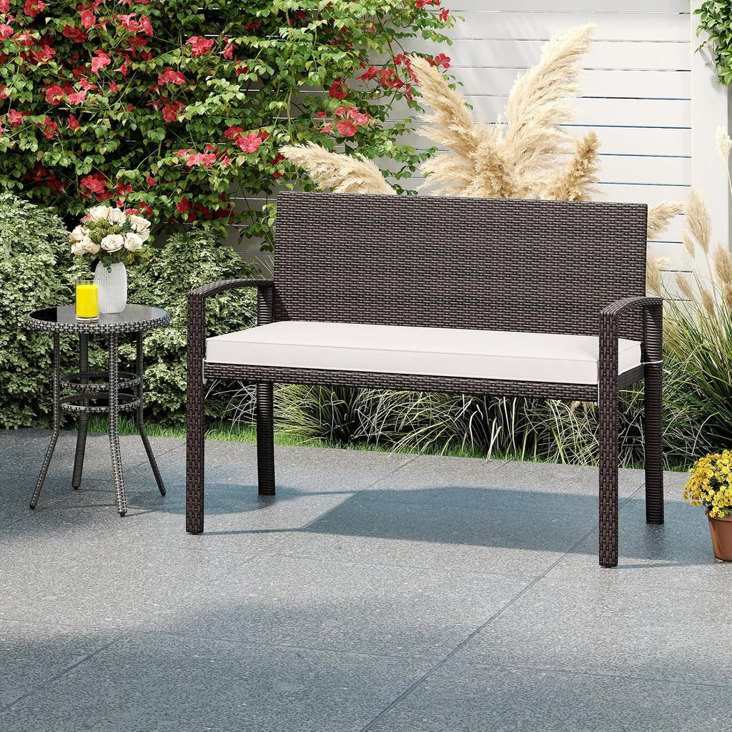 Brown Rattan Patio Loveseat Bench