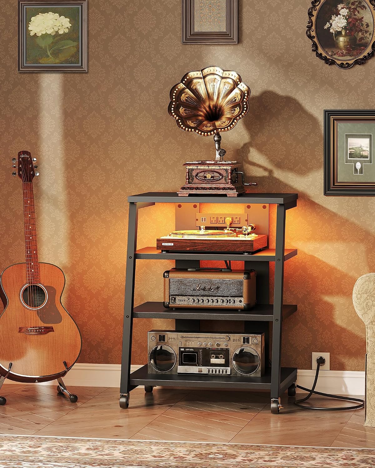 Black 4-Tier LED Rolling AV Stand
