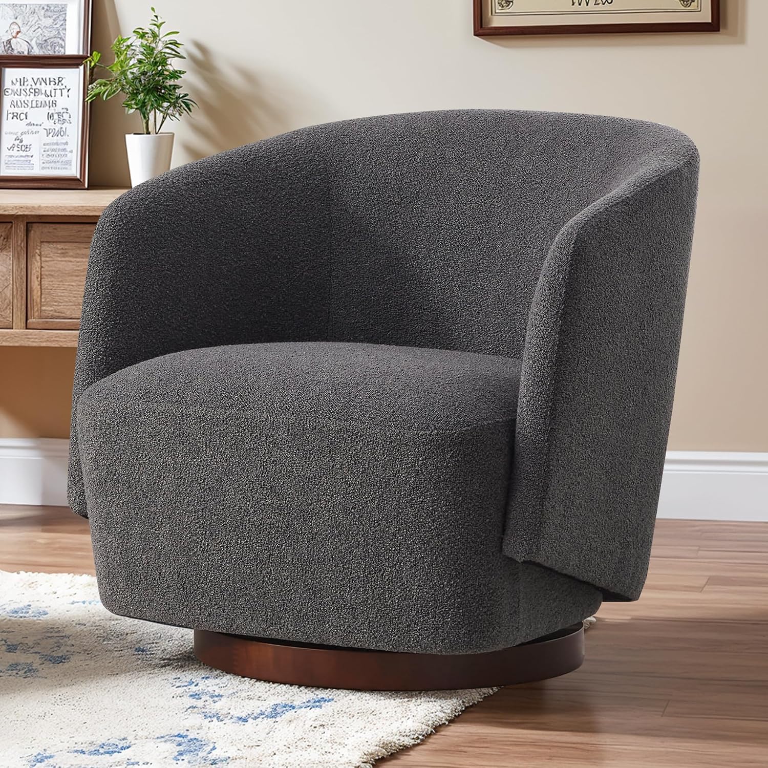 Grey Boucle Swivel Barrel Chair