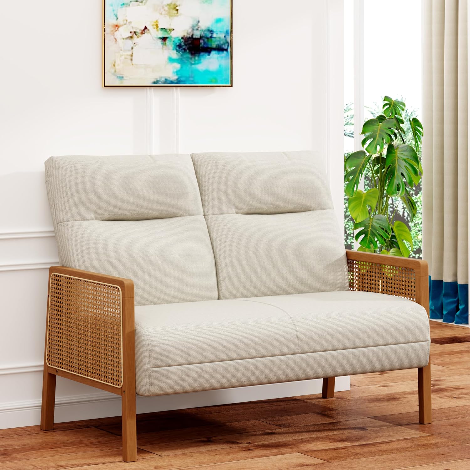 Beige Rattan Arm Small Loveseat
