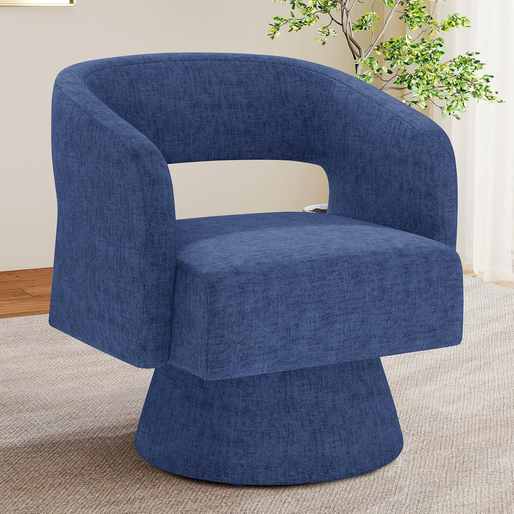 Blue Chenille Oversized Swivel Barrel Chair