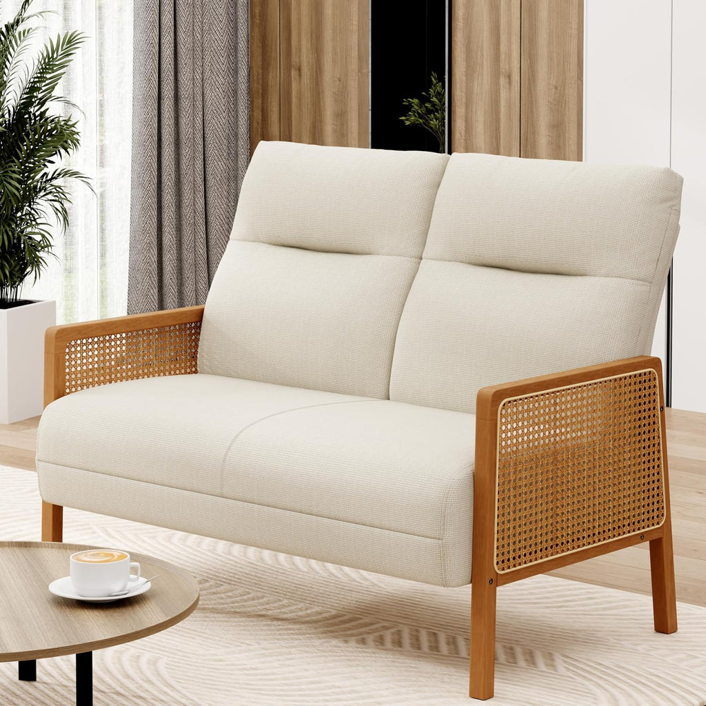 Beige Rattan Arm Small Loveseat