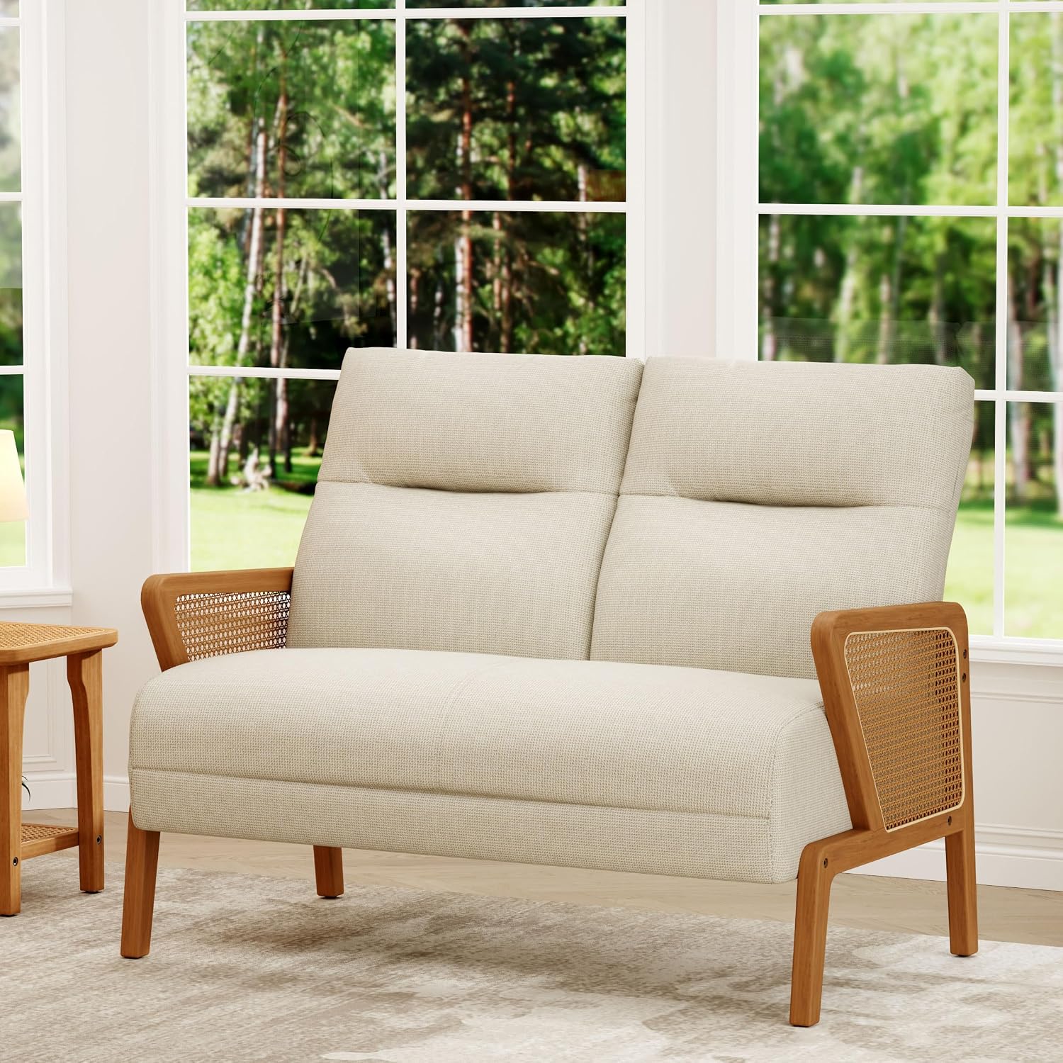 Ivory Rattan Arm Small Loveseat Sofa