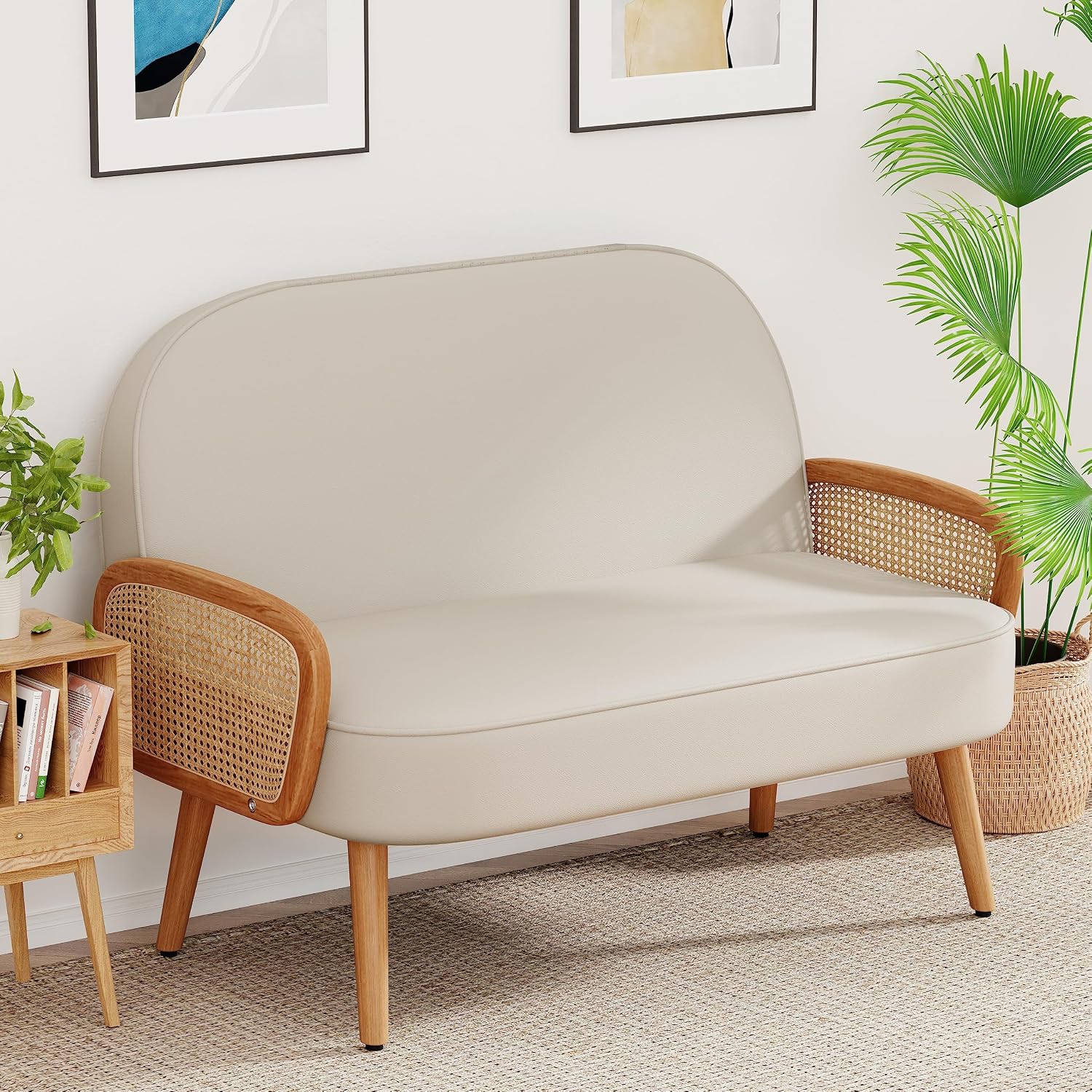 Beige Faux Leather Rattan Loveseat