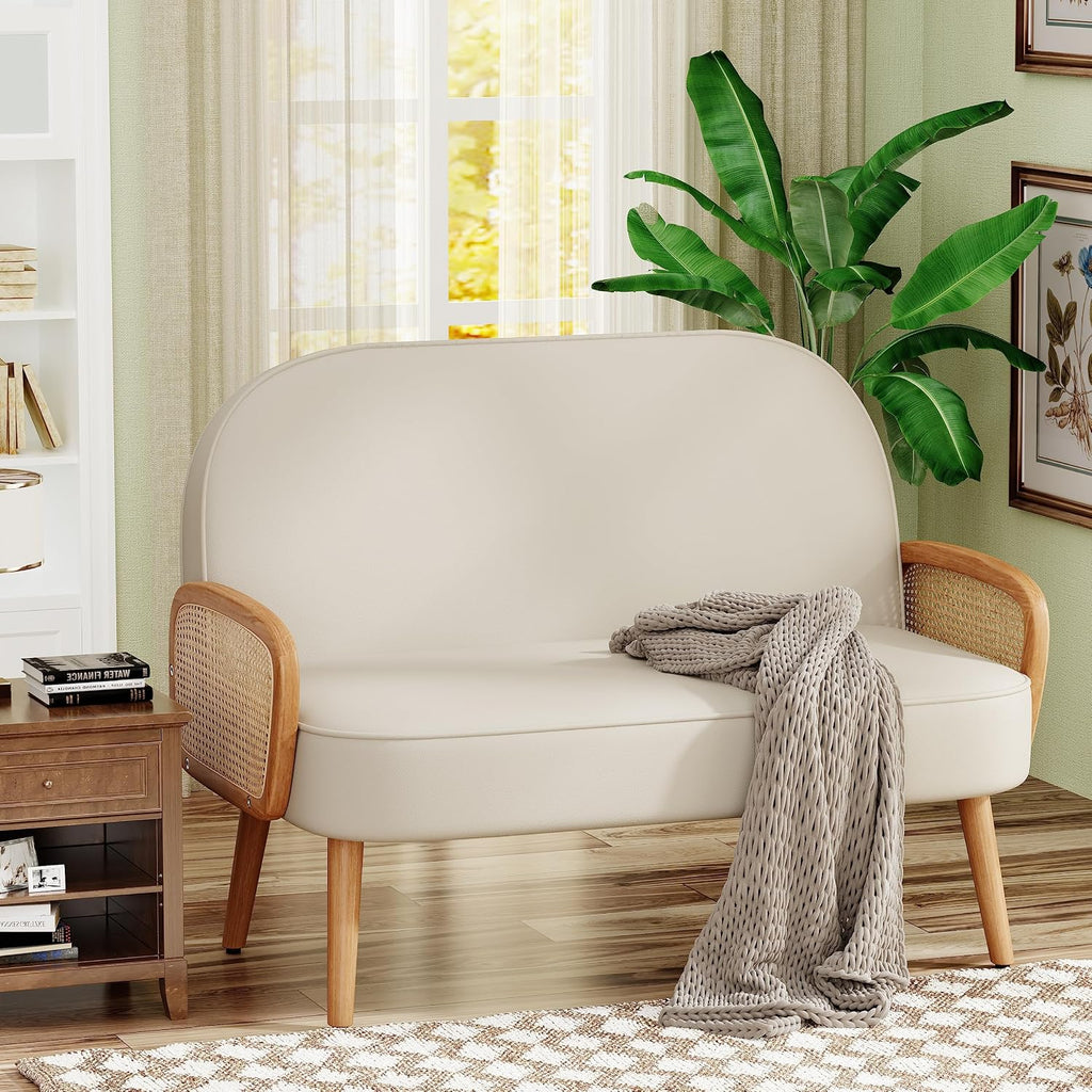 Beige Faux Leather Rattan Loveseat